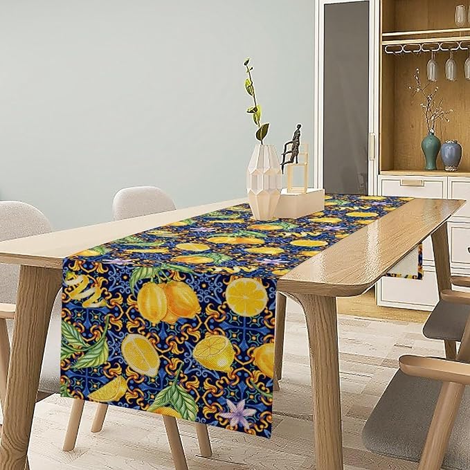 Yellow Lemon Table Runner Vintage Retro Summer Fruit Blue White Floral Printed Dining Table Decoration for Home Holiday Party Dresser Kitchen Cabin Restaurant Wedding Decor 13×60in
