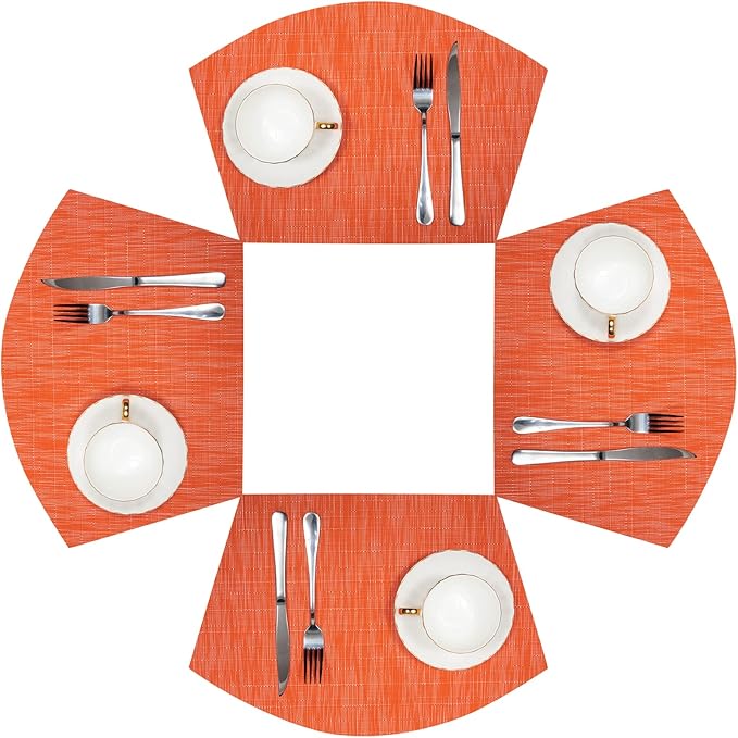 SHACOS Small Round Table Placemats Set of 4 Wedge Placemats Heat Resistant Woven Vinyl Table Mats Wipe Clean (4, Orange)