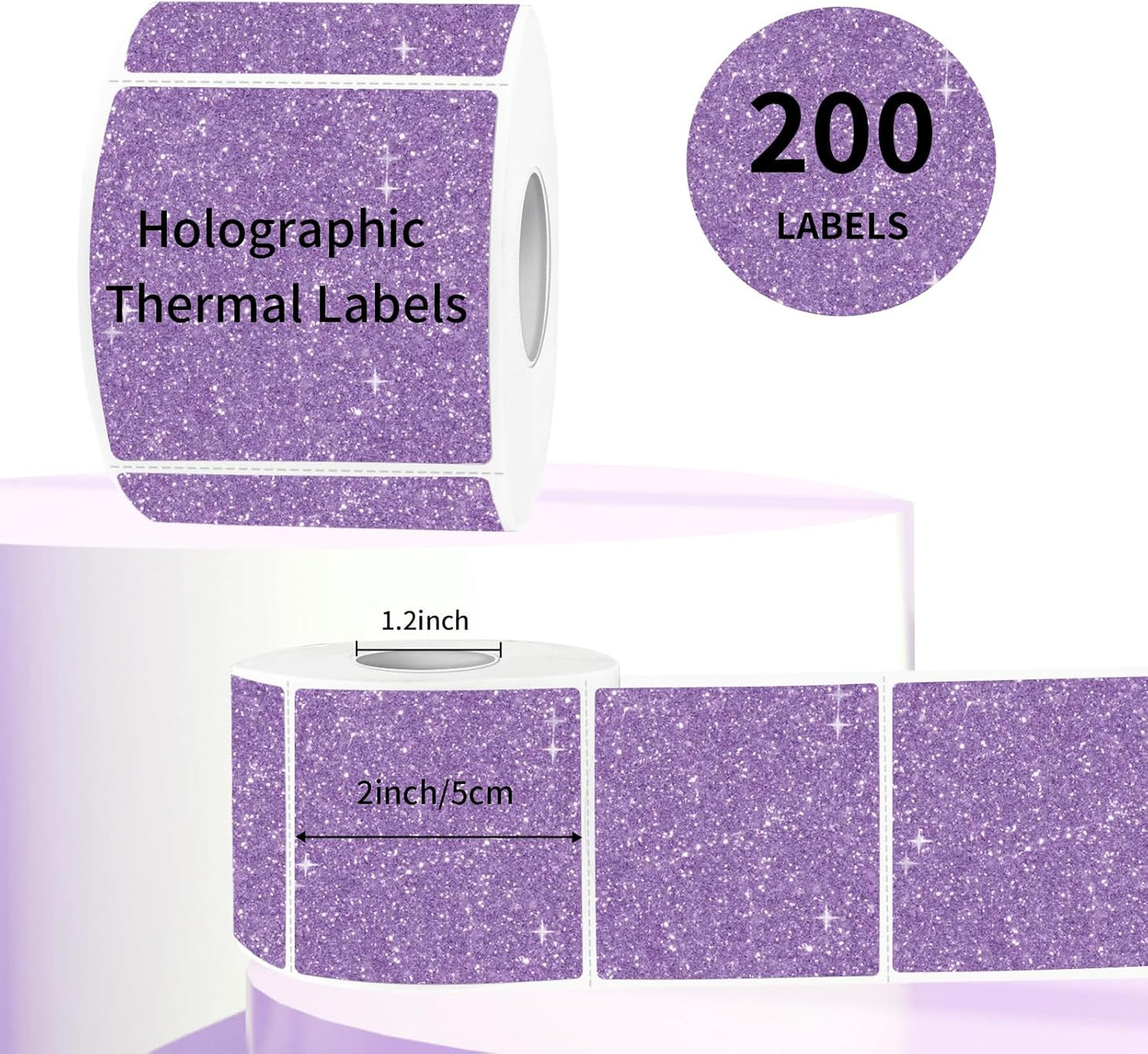 Square Thermal Labels Stickers 2" x 2", Holographic Purple Thermal Stickers Labels, Glitter Self-Adhesive Direct Thermal Label for Small Business- Perforation Line Design