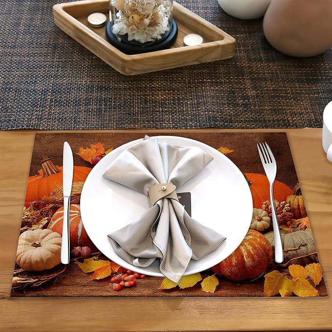 Orange Pumpkins Linen Placemats Set of 6,12x18 Inch Fall Thanksgiving Washable Table Mats Heat Resistant Place Mats for Home Party Kitchen Dining Decoration