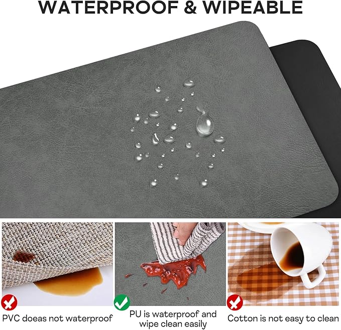 PU Leather Placemats Set of 6 Table Mats Heat Resistant Kitchen Place Mats, Waterproof Wipeable Dining Table Placemats for Home Party Outdoor, 15.8 x 11.8 inches (Grey/Black)