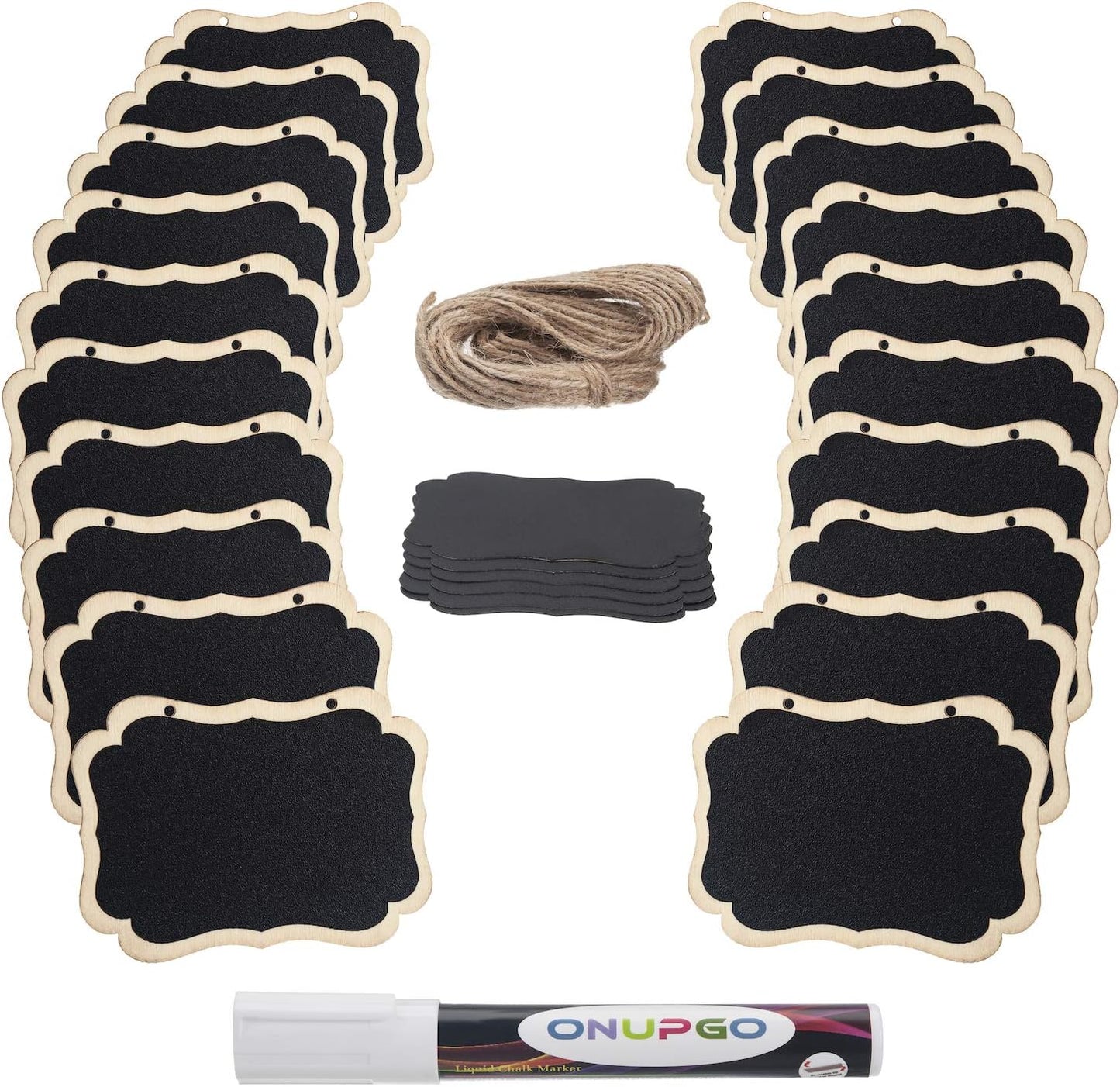 ONUPGO 20 Pack Chalkboard Tags with Liquid Chalk Marker, Double Sided Blackboard with Hanging String, Wooden Mini Erasable Chalkboard Signs, Hanging Chalkboard Labels, Price Tags, Message Tags