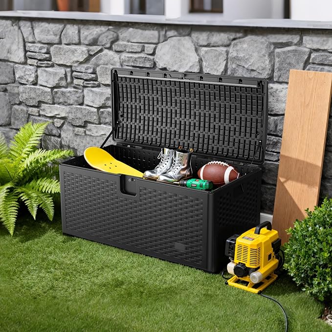 JEKO&JEKO 75 Gallon Outdoor Storage Box, Large Plastic Deck Box with Lockable Lid for Patio Furniture, Garden Tools, Outdoor Cushions and Shoes, Black