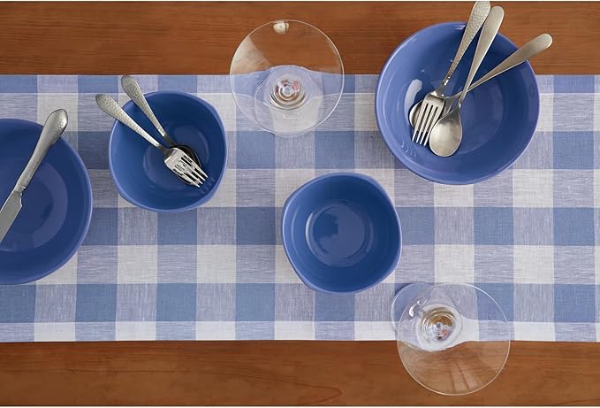 Solino Home Linen Checkered Table Runner 120 Inches Long - 100% Pure Linen Hydrangea Blue Buffalo Check Table Runner 14 x 120 Inch Ideal for Dining, Winter, Spring, Easter