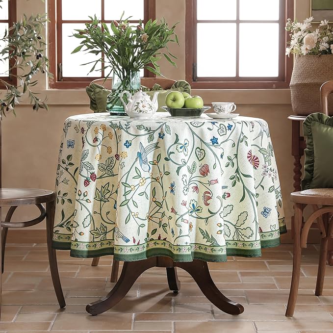 Linen 67 Inch Round Tablecloth,Wrinkle Resistant French White and Green Tablecloth Print with Froal,Decor Stitch Table Cloth for Thanksgiving,Dining Room,Home Diameter 67"-Idaho A