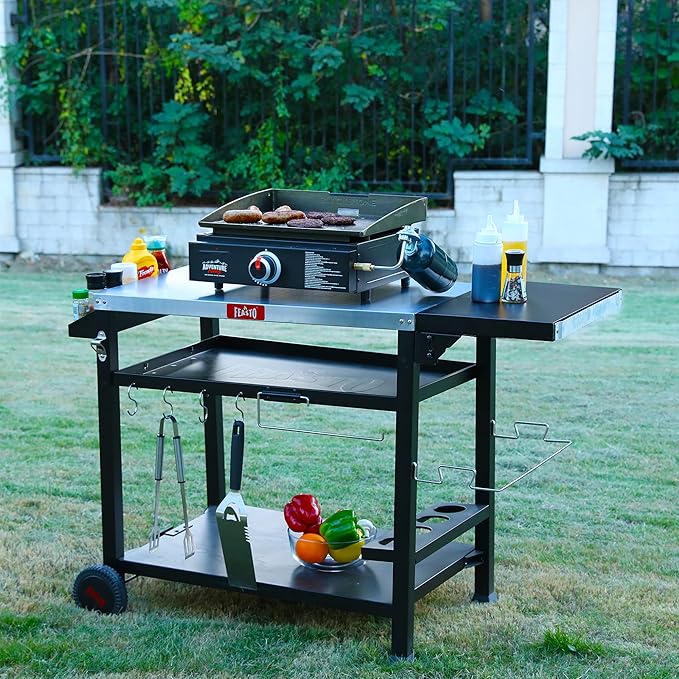 Outdoor Grill Table Cart, Pizza Oven Stand for Outdoor Indoor, 40" x 26" Stainless Steel Tabletop Dining BBQ Grill with Wheels for Food Prep, 3-Shelf Kitchen Cart with Cover