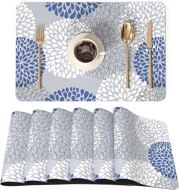 QIYI Placemats Set of 6, 12x18 Inch Faux Leather Place Mats for Kitchen Dinning, Heat Resistant Anti Slip Flower Table Mats, Waterproof Wipeable Washable Placemat Party Table Décor, Blue Floral Burst