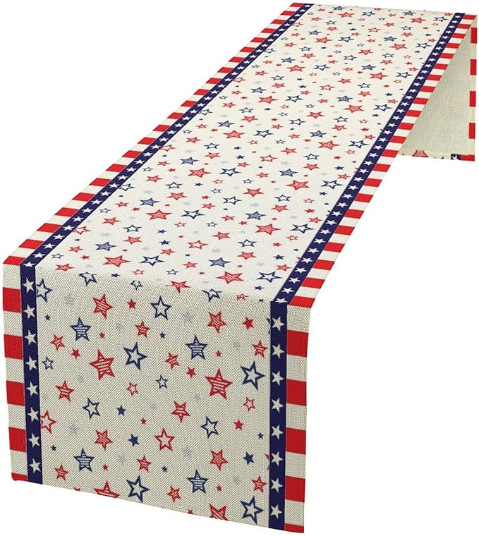 4th of July Table Runner, America Memorial Day Independence Day Stripe Stars Patriotic Table Runner for Home Kitchen Dining Indoor Holiday Farmhouse 13x120in