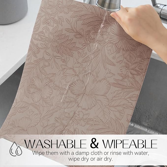 Romanstile Vinyl Placemats Set of 6-12 X 18 Inch - Heat Resistant Non-Slip Embossed Floral Place Mats 100% Waterproof Oilproof Wipeable Faux Leather Table Mats for Kitchen/Dining/Party, Khaki