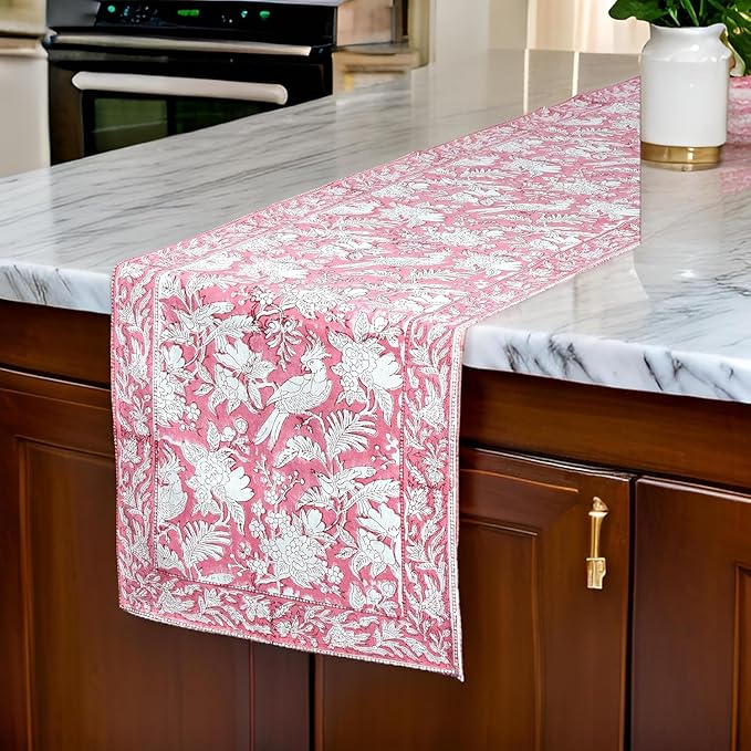 CPC Cotton Table Runner 16x90 Inch Block Printed Long Fall Table Runner for Dining Table, Card Table, Coffee Table, Wedding, Farmhouse & Outdoor Barbeque-Coral Pink
