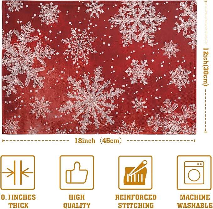 Red Snowflake Xmas Placemats Set of 4 Merry Christmas Snowflakes Linen Fabric Table Mats Seasonal Winter Holiday Washable Place Mats for Party Kitchen Dining Outdoor Indoor Decor