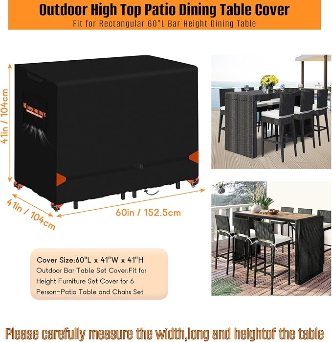 Kovshuiwe 60" L x 41" W x 41" H Bar Height Patio Table Dining Covers 600D Oxford Fabric Waterproof 60 Inch Square Patio Bar Height Table & Chair Cover, Black