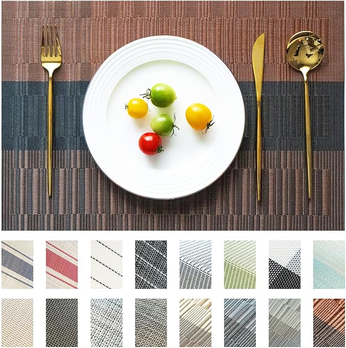Placemats Set of 6 Vinyl/Plastic Woven Place Mats for Kitchen Table Indoor/Outdoor Washable Placemat Wipeable Dining Table Mats (Ombre Brown Black,6)
