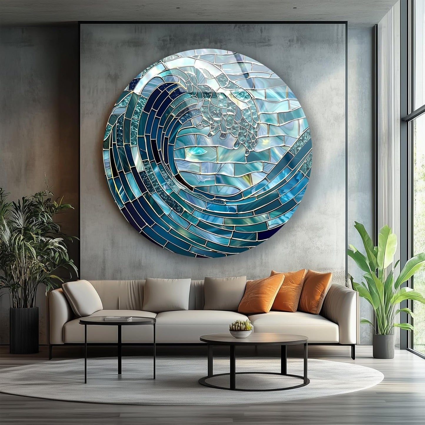 My Photostation.com 31.5''(80cm) Diameter Ocean Wave in Blue Mosaic Round Glass Wall Art Tempered Glass Printing Wall Decor Large Wall Art Wall Hangings