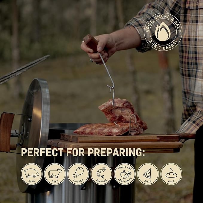 3-in-1 Stainless Steel Smoker Barrel Grill Premium – Portable Charcoal BBQ with Thermometer, 12 lbs Outdoor Cooking Smoker for Camping, Backyard & Home BBQ INGRILL