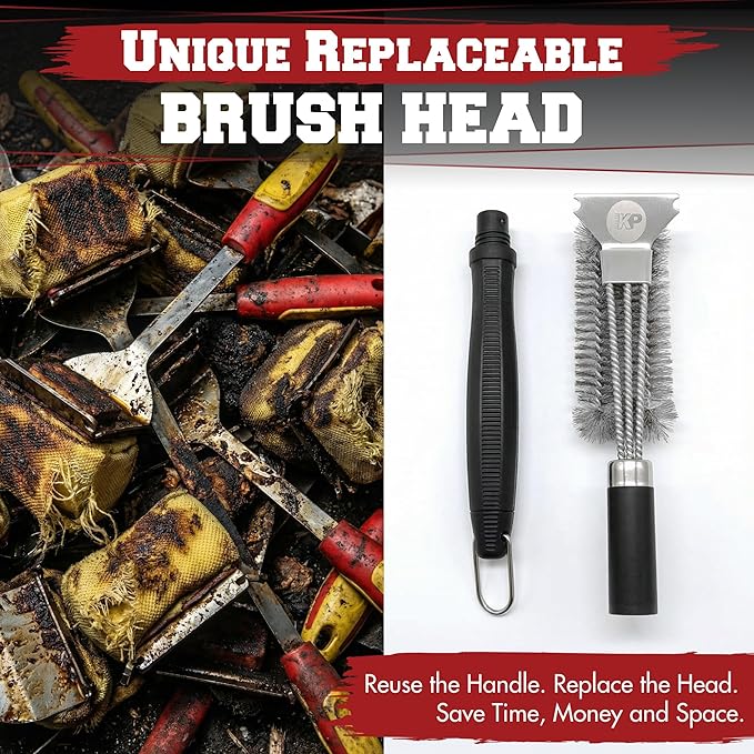 KITCHEN PERFECTION GrillSaver - Safe BBQ Grill Brush with Replaceable Cleaning Head - Heavy-Duty Grill Cleaner with Scraper, Magnetic Hanger, Bottle Opener -Powerful Cleaning Tool for All Grill Grates