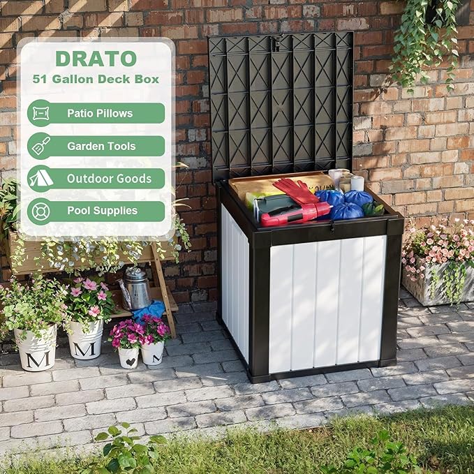 DRATO 51 Gallon Deck Boxes Resin Outdoor Storage Box UV Resistant Outside Deck Box with Lockable Lid for Patio Furniture（Black and White，51 Gallon）