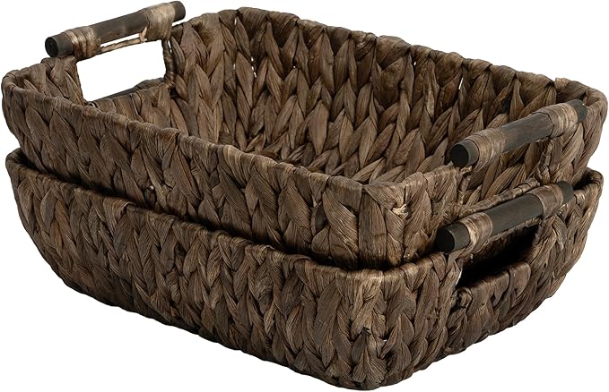 StorageWorks Wicker Baskets for Organizing, Woven Basket with Wooden Handles, Wicker Storage Baskets for Shelf, Brown, 2-Pack