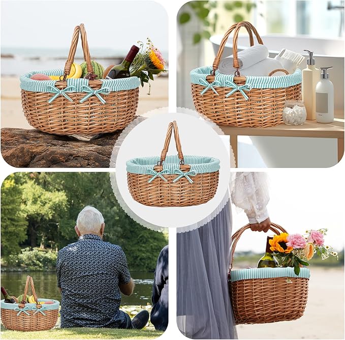 G GOOD GAIN Oval Picnic Basket with Folding Handles, Willow Hand Woven Shopping Basket, Bath Storage Gift Packing Basket, Wicker Empty Easter Eggs and Candy Small Gift Basket.Green