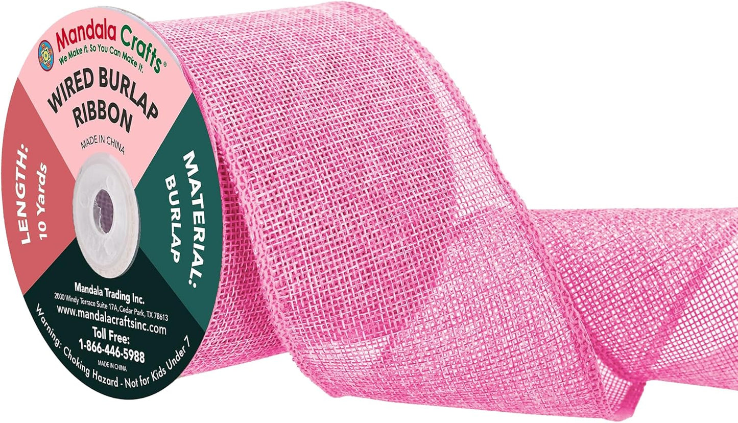 Mandala Crafts Pink Burlap Wired Ribbon 3 Inches Wide Jute Ribbons for Crafts - 10 Yds Roll Rustic Burlap Wrap Trim Ribbons for Wreaths Bows Party Decoration