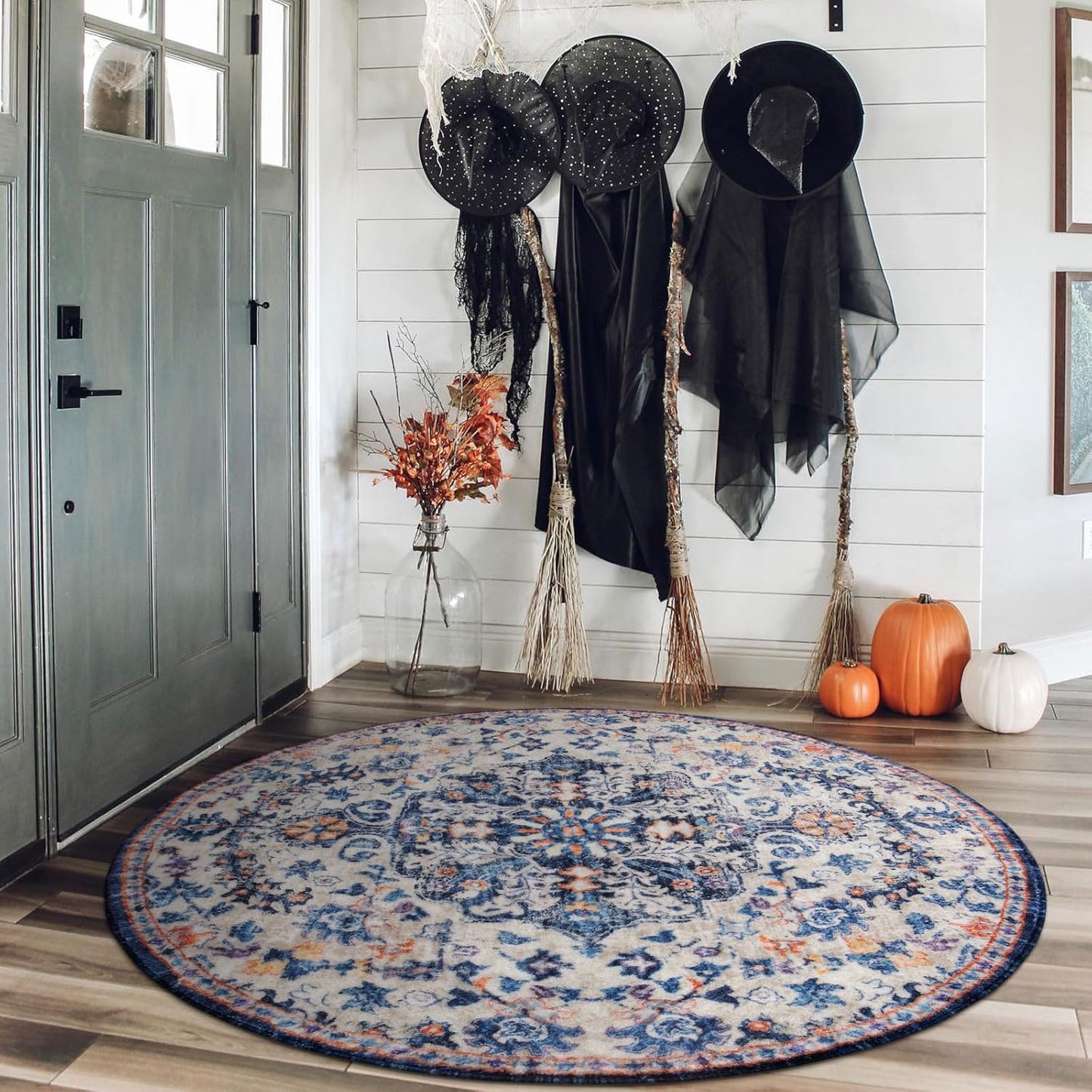 Lahome Round Rug 4ft, Washable Bathroom Rug Non Slip Entryway Circle Mat, Bohemian Vintage Non-Slip Non-Shedding Low Pile Printed Indoor Carpet for Kitchen Laundry Entryway, Blue Purple/Multi