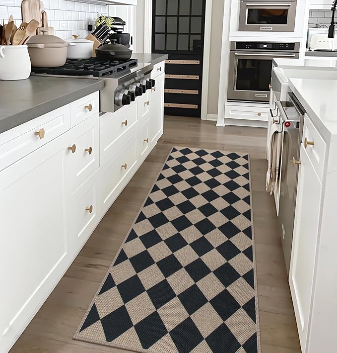 Easy Jute Checkered Runner Rug, 2x6 Black Modern Washable Rugs Runner for Hallway Non-Slip Long Kitchen Rug, Geometric Diamond Indoor Outdoor Carpet for Porch Laundry Entryway