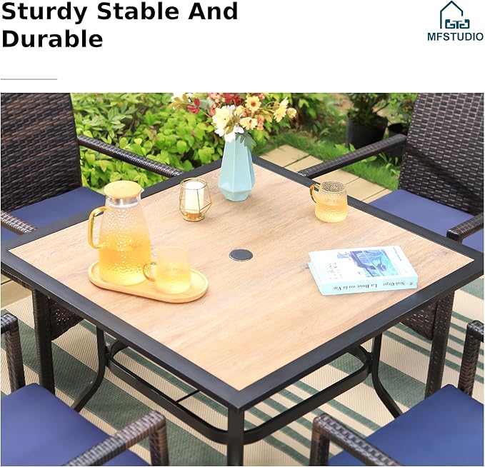 MFSTUDIO 5 Pieces Patio Dining Table for 4, 37’’ Wood-Like Metal Outdoor Table and Chairs, Heavy Duty Patio Dining Sets with Swivel Chairs, All Weather Outdoor Dining Set for 4, Backyard, Porch