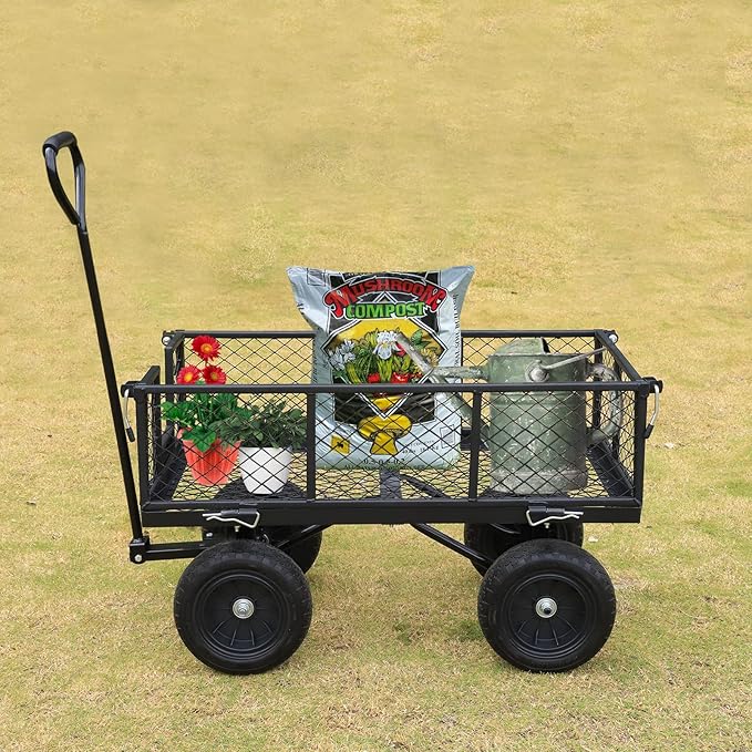BILT HARD 400 lbs 10" Rubber Tires Steel Garden Cart with 180° Rotating Handle and Removable Sides, 4 Cu.Ft Capacity Utility Heavy Duty Garden Carts and Wagons