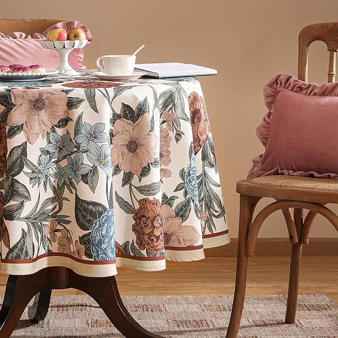 Designer French Linen Tablecloth for Round Table,Red and Blue Floral Rustic Durable Tablecloths,Decor Table Cover for Kitchen,Dining,Thanksgiving,Farmhouse,Diameter 67"-Burgundyred