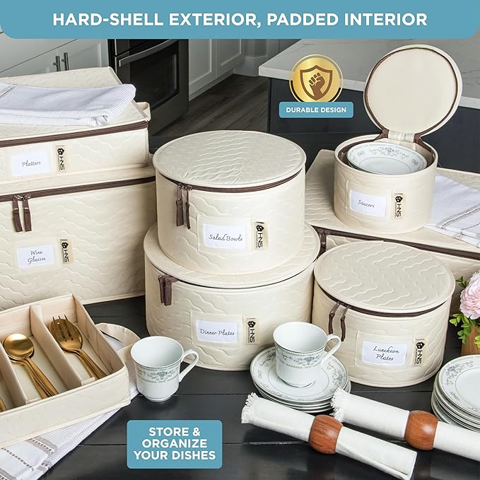 China Storage Hard Shell Containers 12-Piece Set Moving Boxes for Dinnerware, Glasses, Plates, Mugs and Saucers Sturdy Dish Organizer with Dividers for Seasonal Storage - Service for 12 -Beige Quilted