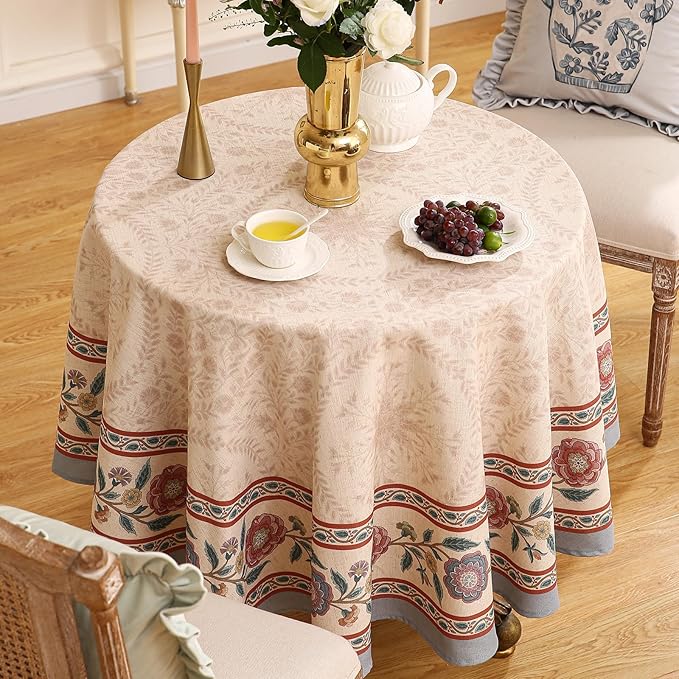 Designer Vintage Linen Small Round Tablecloth,Indian Floral Wrinkle Free Soft Tablecloths,Decor Table Cover for Kitchen,Dining,Thanksgiving,Christmas,Diameter 55"-Flowershadow E
