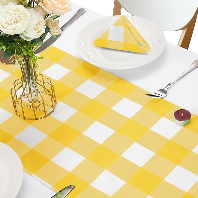 Fabric Checkered Table Runner 1 Pack Waterproof Gingham Table Runner 14W x 108L Buffalo Check Table Runners for Parties Kitchen Dining Wedding Banquet (Yellow and White)