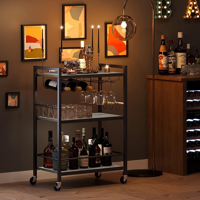 TUTOTAK Bar Cart - Serving Cart for Home - Microwave Cart, Drink Cart, Mobile Kitchen Shelf with Wine Rack and Glass Holder, Rolling Beverage Cart BC01BG030