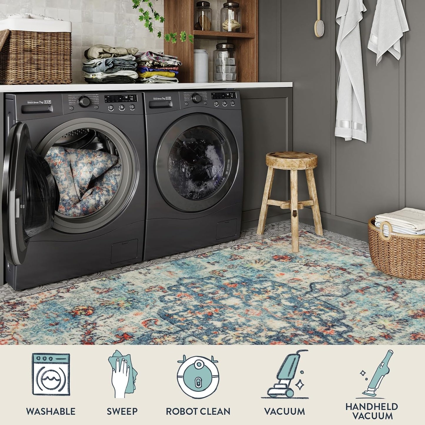 Lahome Bohemian Floral Medallion Area Rug - 3x5 Vintage Teal Distressed Entry Throw Rug Turkish Faux Wool Accent Rug Non-Slip Washable Low-Pile Carpet for Bathroom Entrance Living Bedroom