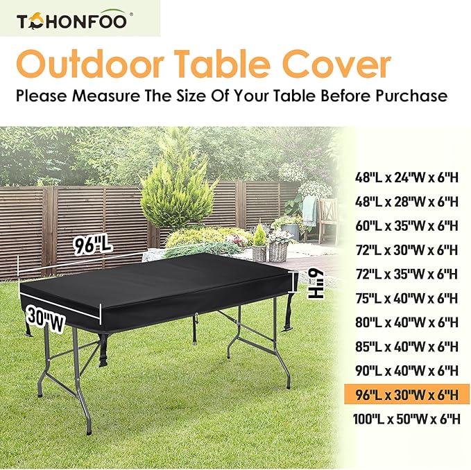TOHONFOO Rectangular Folding Table Cover - Waterproof Anti-UV Outdoor Table Covers - Outdoor Table Cover 96" L x 30" W x 6" H