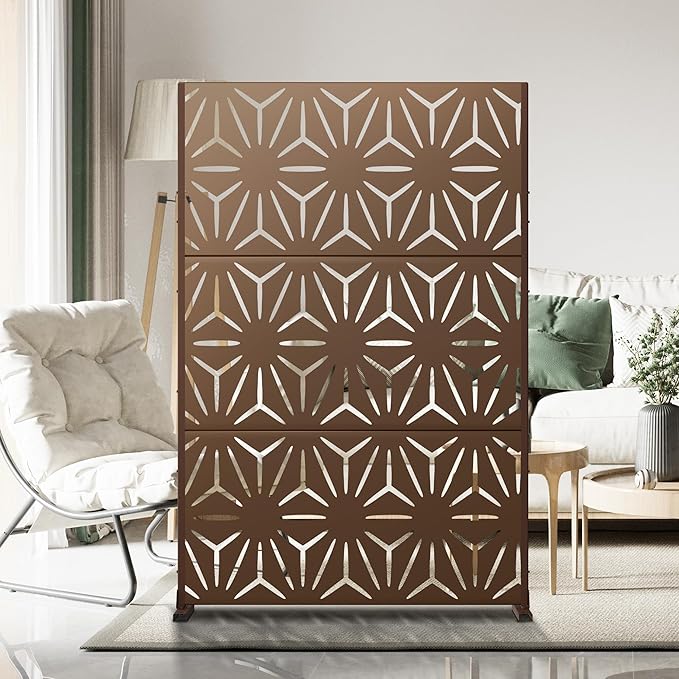 Metal Privacy Screen Outdoor 72" H×47" W,Freestanding Decorative Privacy Screen for Balcony Yard&Garden,Privacy Fence-Brown&Star