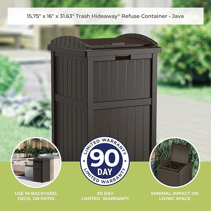 Suncast 3 Pack 33 Gallon Durable Plastic Hideaway Outdoor Garbage Can with Secure Lid & Wicker Design for Home Backyards, Decks, or Patios, Java Brown