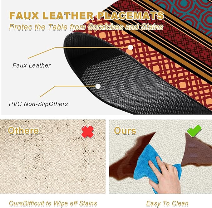 Faux Leather Placemats Set of 4 - Boho Heat Resistant Placemat for Dinner Table, Non-Slip Waterproof Oil-Proof Washable Reusable Placemat for Indoor Outdoor Kitchen Decor, 15.75In*11.81In