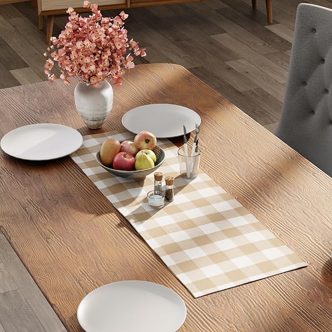 Encasa XO Cotton Dining Table Runner | Buffalo Beige Checks | Size 13x36 in - Machine Washable & Durable