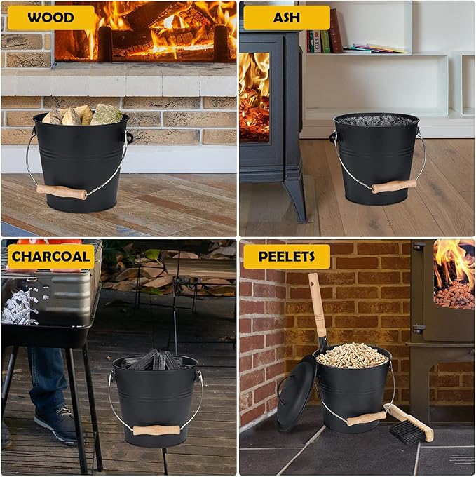 1.5-Gallon Metal Ash Bucket with Lid, Shovel, Broom - For Fireplaces, Wood Stoves