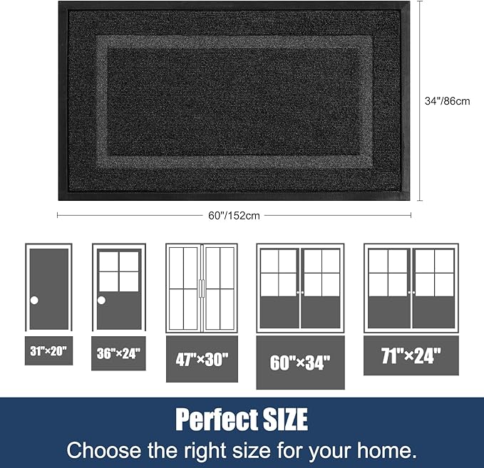 Extra Large Front Door Mat Outside Entrance Indoor Doormat, 60" x 34" Outdoor Mats for Patio Waterproof, Outdoor Door Mats for Outside Entry, Indoor Rugs for Entryway, Sturdy Natural Rubber, Black