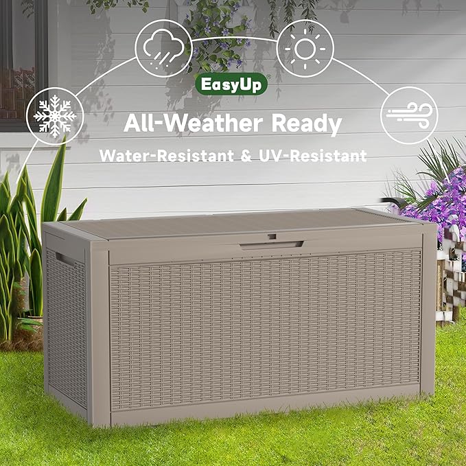 EasyUp 120 Gallon Outdoor Storage Box Waterproof, UV Resistant Resin Deck Box with Hydraulic Rod, Reinforced Stability for Patio, Garden, Rattan Gray
