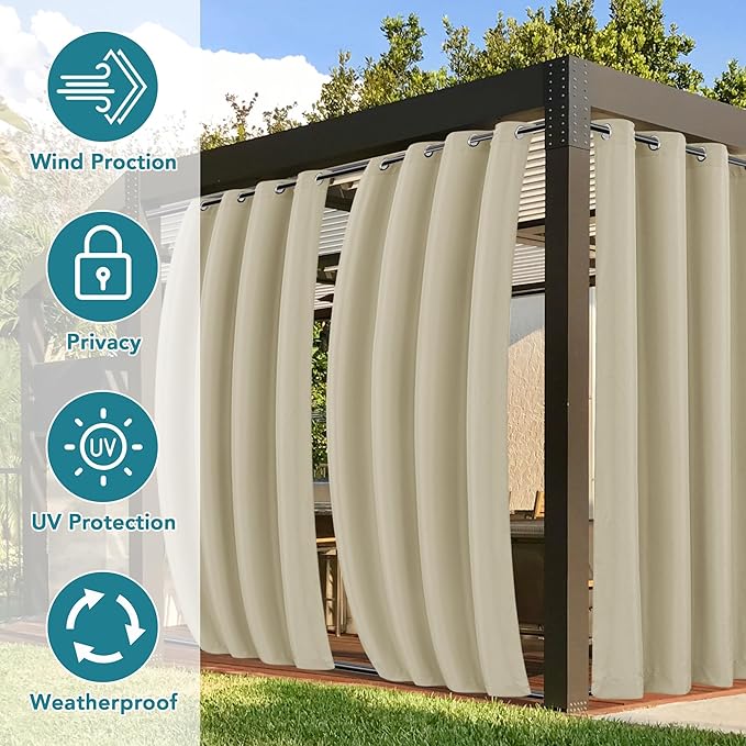 HolidayIdeas 6 Panels Outdoor Curtains for Patio Waterproof-Windproof Weatherproof Privacy Curtains-Grommet Top and Tab Bottom Drape for Gazebo, Porch, Pergola, Cabana, Backyard 54x84 Inch Cream