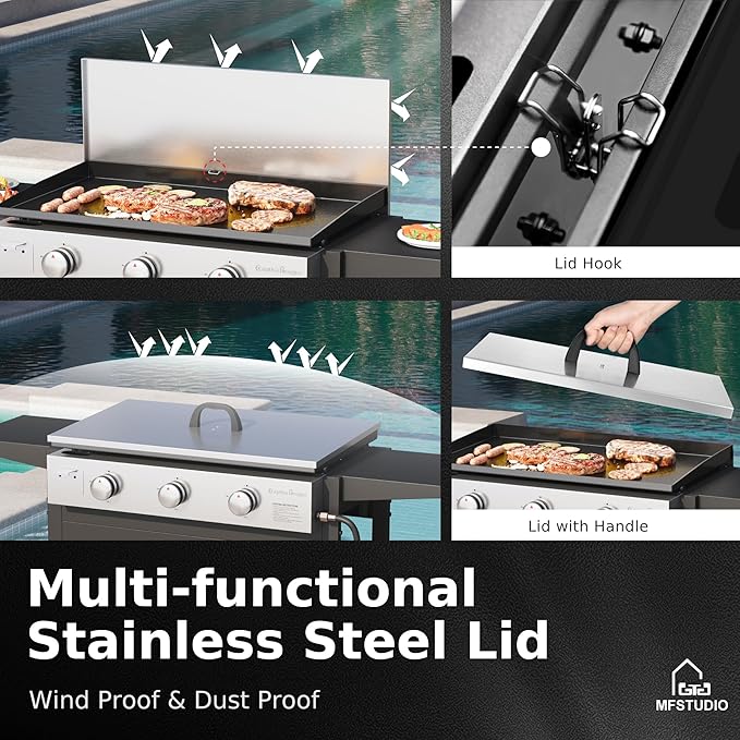 MFSTUDIO 27 Inch Flat Top Propane Gas Griddle Grill, Ceramic Coated Cast Iron Pan, Outdoor Flattop Grill with Lid for Cooking