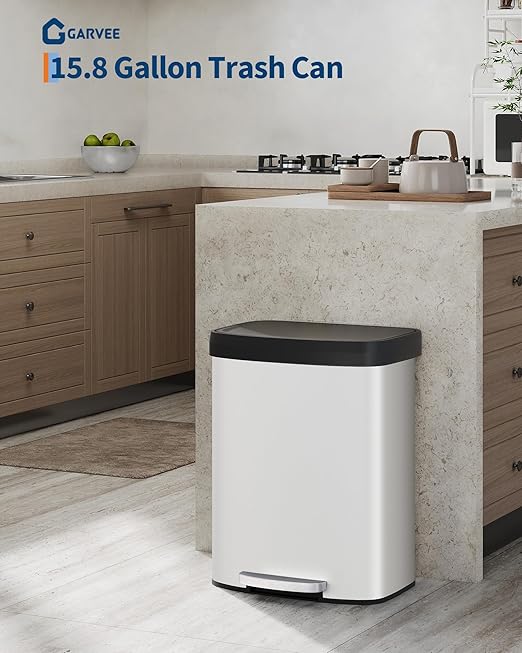 Garvee 16 gal / 60 L Metal Trash Can with Lid, Large Garbage Can for Kitchen, Rustproof Step-on Kitchen Metal Trash Bin with Liner Rim, Rear Handle, Soft Close Plastic Lid, White