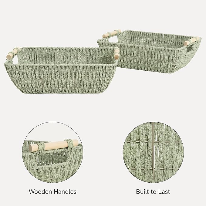 StorageWorks Extra Large Wicker Storage Basket for Organizing with Wooden Handles, Toilet Paper Baskets for Shelf, Bosana Green, 2-Pack