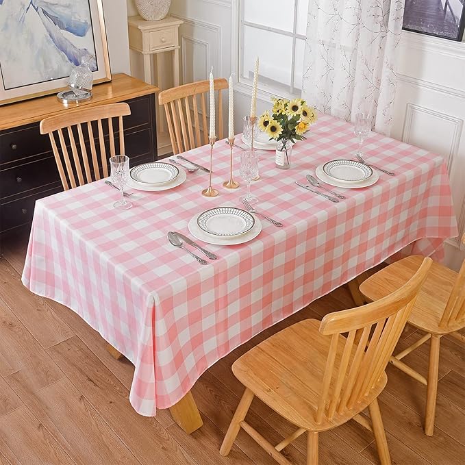 Cupuamon 2 Pack Waterproof Polyester Fabic Rectangle Checkered Tablecloth，60x120 Outdoor Table Cloth，Oil Stain Prevention Table Cloth for Pinics and Parties（Pink and White）