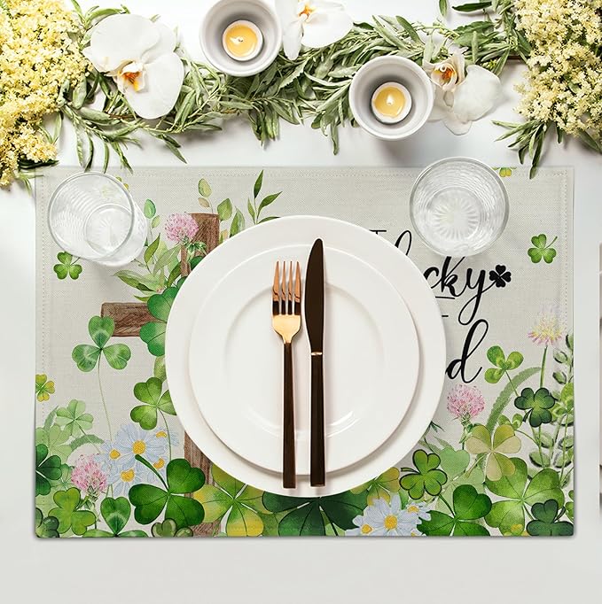 St Patricks Placemats Set of 4 St. Patrick's Day Cross Shamrocks Clover Linen Table Mats 12x18 Inch Spring Heat Resistant Washable Place Mat for Kitchen Dining Home Party Decor