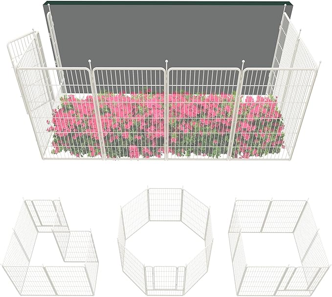 FXW Garden Fence Outdoor for The Yard – 45in(H) x 18.2ft(L) Heavy Duty Metal Animal Barrier for Dog and Rabbit, Decorative Dog Fence, 8 Panels, White