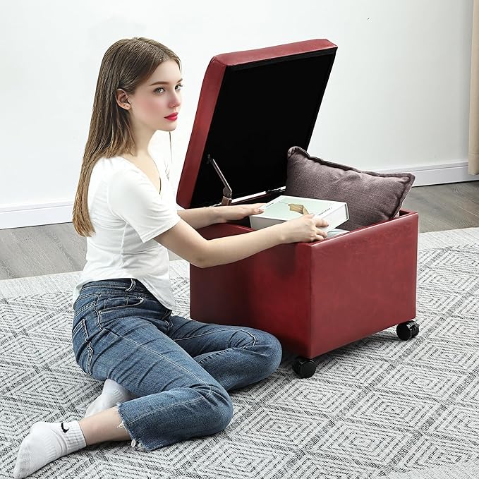 Homebeez Storage Ottoman Footrest Stool with Rolling Wheels, Red PU Leather Tufted Cube with Hinged Lid, 17.7" Multifunctional Furniture for Living Room, 300lb Capacity